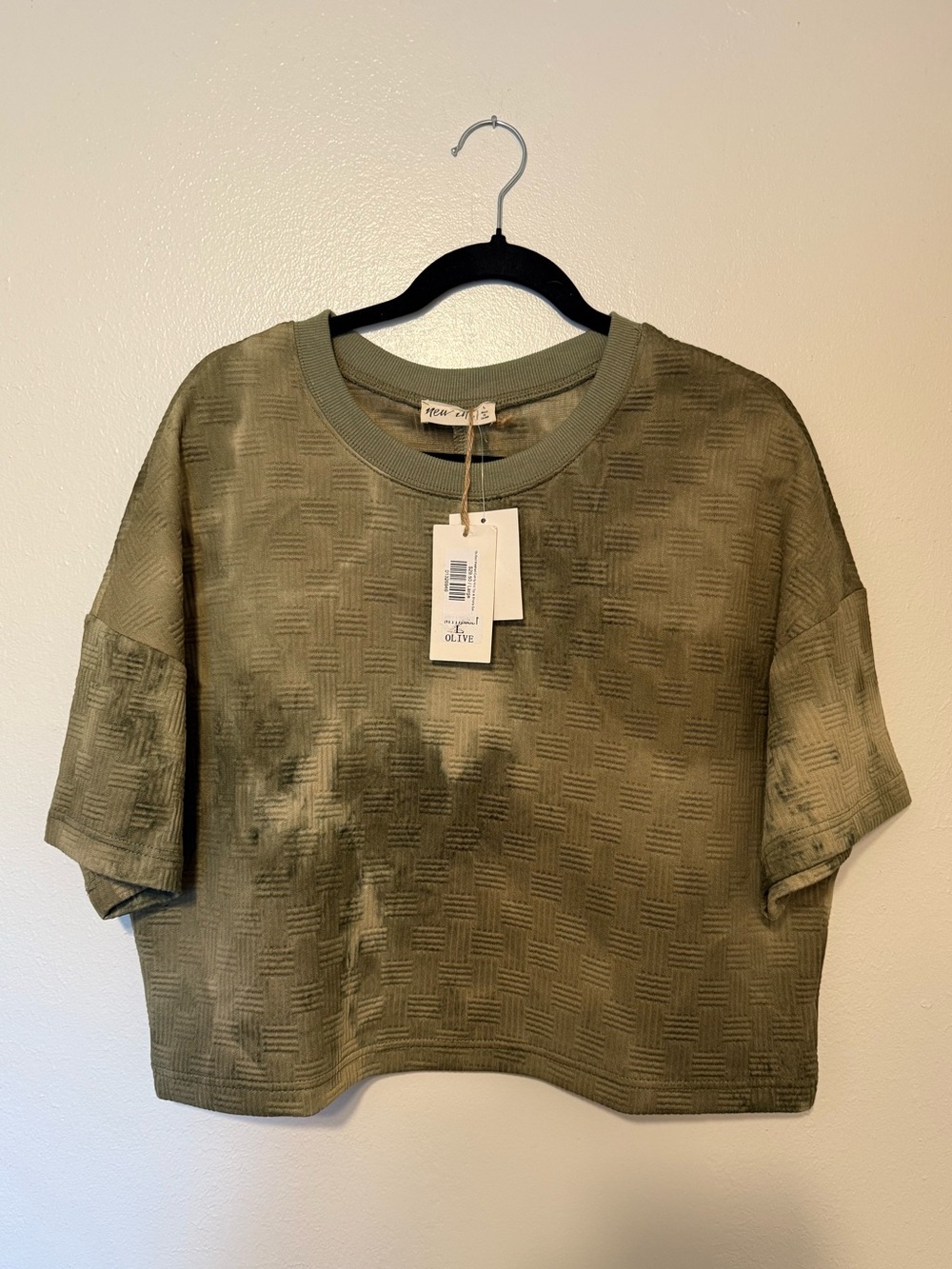 Boxy Olive Short Sleeve Textured Crop Top